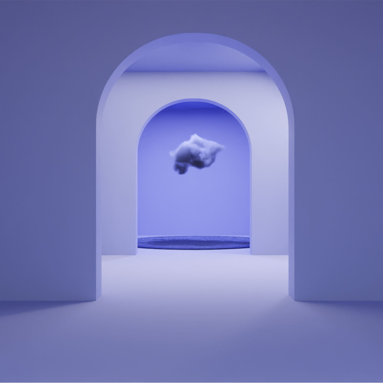Ambiente realizzato in blender che raffigura un'ambiente metafisico. In primo piano è visibile una porta, al centro della quale è posizionata una nuvola.